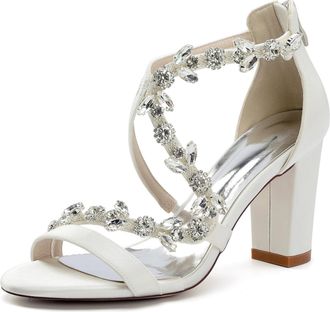 Generic Bridal Heeled Sandals Womens Chunky Block Open Toe Wedding Prom Party Evening Homecoming Dress Shoes 8.5Cm,Ivory,10 UK