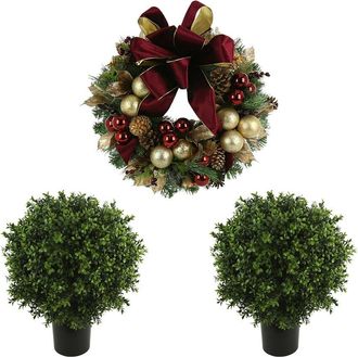 Creative Displays Inc. 26In Christmas Wreath & Set Of 2 Uv-Rated Boxwood Topiary Drop-Ins