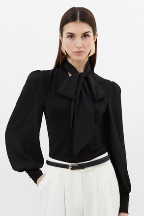 Karen Millen Womens Jersey Ponte And Georgette Mix Tie Neck Long Sleeve Bodysuit - Black viscose - Size X-Small