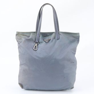 Prada Blue Leather Nylon Handbag Shoulder Bag Tote Bag (Pre-Owned)
