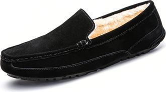 Generic Mens Loafers Shoes Faux Fur Lined Option Suede Vamp Stitching Details Lightweight Flexible Flat Heel Walking Slip-ons(Black Lined,5.5 UK)