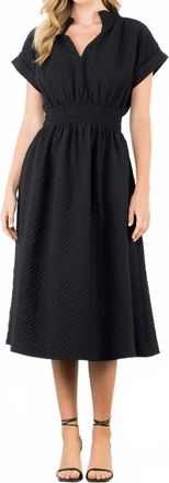 THML Clothing Textured Split Neck Smocked Waist Dress In Black