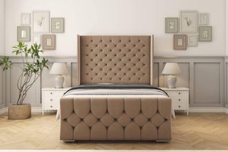 Sloomy Luthor Plush Frame-Mattress - 50 Upholstered Wingback Headboard in Taupe | Size: Small Single