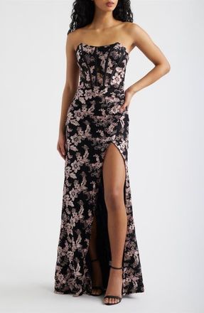 Emerald Sundae Embroidered Lace Corset Strapless Gown in Black /Pink at Nordstrom, Size X-Small