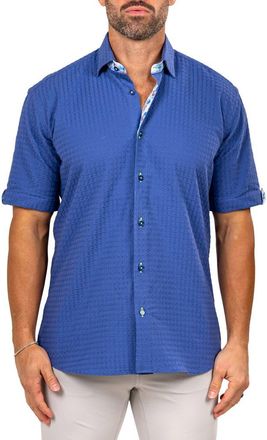 Maceoo Galileo Marthy Short Sleeve Cotton Button-Up Shirt in Blue at Nordstrom, Size 2