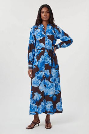 Karen Millen Womens Viscose Woven Stripe Contrast Blue Floral Midi Shirt dress - Size 10 UK