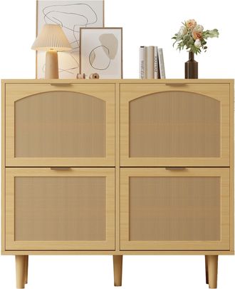 STILVORA Mueble Zapatero Con 4 Puertas Abatibles Y Estantes Ajustables, En Tablero De Part&iacute;culas, Roble Claro, 100 X 25 X 90 Cm