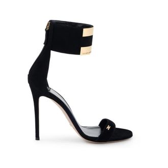 Elisabetta Franchi High Heel Sandals, female, Black, Size: 7 US Suede Sandals with Jewel Logo