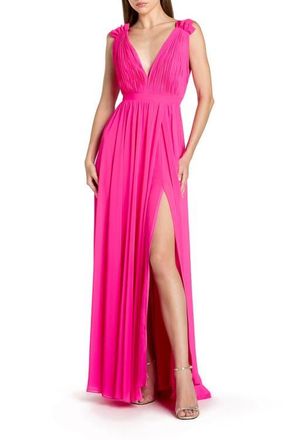 Mac Duggal Petite Sleeveless Pleated Chiffon V-Neck Gown in Hot Pink at Nordstrom, Size 10P