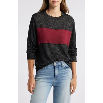 Loveappella Colorblock Long Sleeve Brushed Jersey Top in Black/Burgundy at Nordstrom, Size X-Small