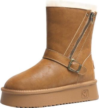 Generic Women winter snow boots with thick fleece and warm midsole anti slip and cold resistant zipper cotton boots (Yellow,5.5)