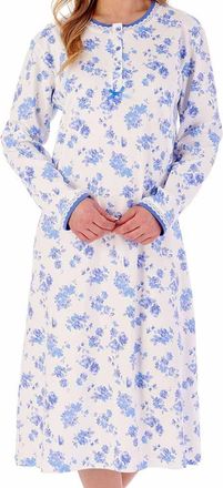 Slenderella Floral Print Interlock Long Sleeve Cotton 45 inch Nightdress (20/22, blue)