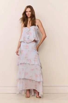LoveShackFancy Soleia Floral Chiffon Maxi Skirt In Blue Roan