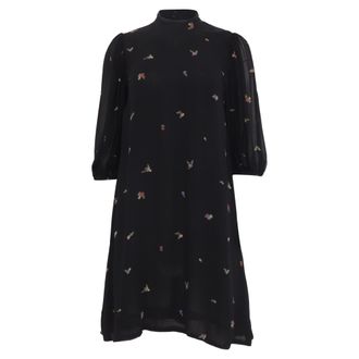 Ganni Ganni Gathered Floral-Print Georgette Mini Dress in Black Viscose