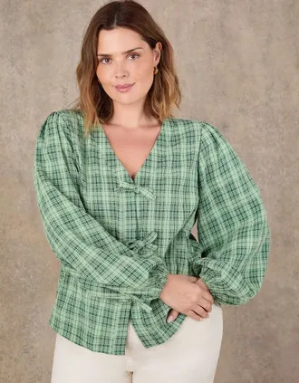 Live Unlimited London Womens Green Check Bow Front Blouse - Size: 28