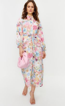 Trendyol Modest Dames Paars Bloemen Maxi Lang Casual Skater Modest Jurken