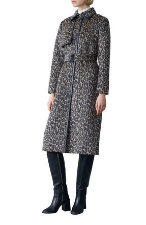 Mackage Zeva-A Leopard Pattern Wool Blend & Leather Trench Coat in Light Camel Multi at Nordstrom, Size Xx-Small