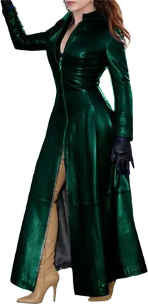 Generic Womens Faux Leather Trench Coat Classic Stand Collar Zipper Maxi Jacket Fashion Overcoat Dark Green XX-Large
