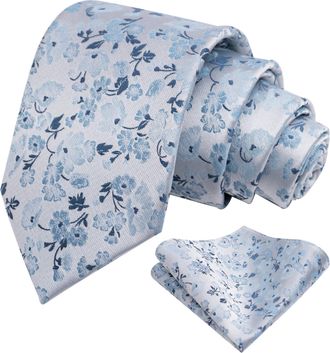 Alizeal Mens Floral Patterned Tie with Pocket Square Stylish Unique for Business Wedding Party Necktie Set, Blue Gray