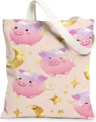 Generic Cute Pigs Canvas Tote Bags, Adorable Animal Stars Pattern Reusable Grocery Bags, Summer Playful Chic Lightweight Washable S, Peach, 13x15 Inch