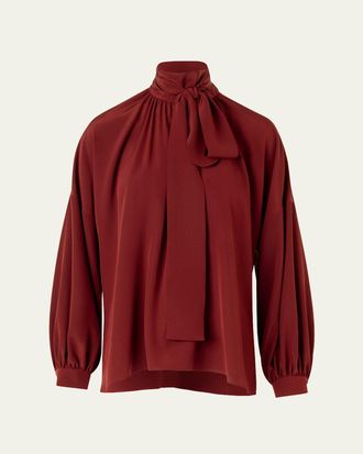 Akris Mock-Neck Bow Tie Silk Crepe De Chine Blouse