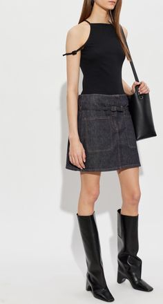 Courr&egrave;ges Denim Skirt With Belt, Womens, Navy Blue