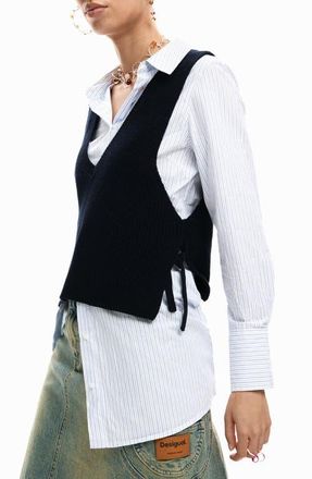 Desigual Stripe Woven Shirt & Sweater Vest in Black at Nordstrom, Size X-Small