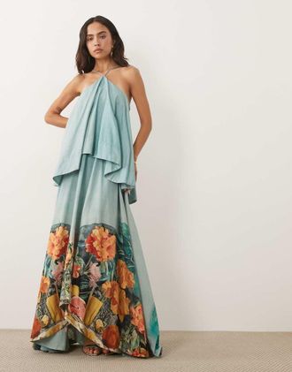 Asos Vestito lungo allacciato al collo a doppio strato con schiena scoperta e stampa floreale sfumata verde-azzurro-Multi