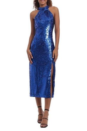 Donna Morgan Full Sequin Halter Front Slit Midi Party Dress In Skydiver