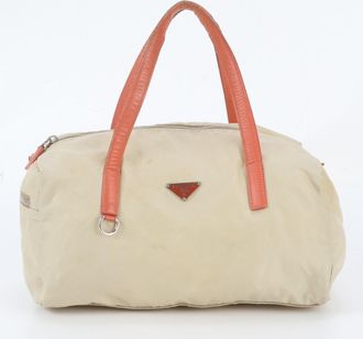 Prada Beige Orange Leather Nylon Boston Bag Handbag Tote Bag (Pre-Owned)