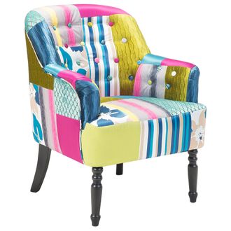 Beliani Beliani - Sill&oacute;n Tapizado En Tela Multicolor Azul Patchwork Club Botones Patas De Madera Mandal