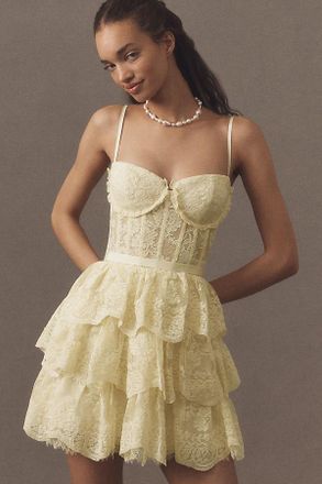 V. Chapman Josie Lace Sweetheart Fit & Flare Tiered Mini Dress