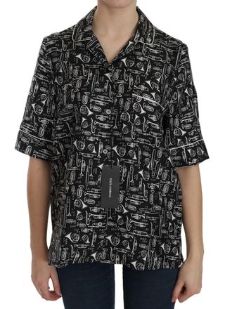 Dolce & Gabbana Womens Black Musical Instrument Print Silk Top
