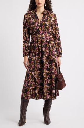 Chelsea28 Long Sleeve Ruffle Midi Dress in Black- Yellow Molly Bloom at Nordstrom Rack, Size Xx-Large