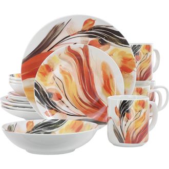 Elama Tulip Fields 16 Piece Round Porcelain Dinnerware Set in White at Nordstrom