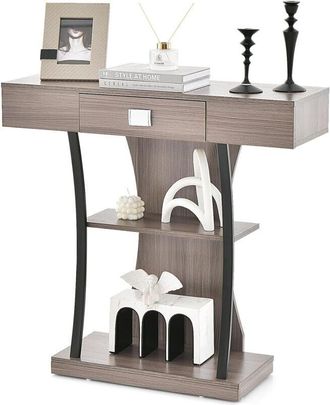 Costway Costway - Mesa De Consola En Forma De T, De Entrada Sof&aacute; Con Caj&oacute;n, Estantes Y Kits Duales Antivuelco, Mesa De Centro, De Recibidor Moderna Para Sala 