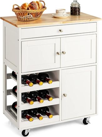 Costway Costway Carrello Da Cucina, Con Portabottiglie Tre Ante E Ruote, Credenza Cucina In Legno Di Pino E Mdf, Ideale Per Soggiorno E Cucina, 67 X 37 X 86 C