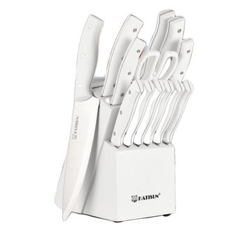 OEM Juego De Cuchillos De Cocina, 15 Piezas, Soporte De Madera Incluido, Blanco