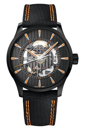 Mido Multifort Skeleton Vertigo Automatic Webbing Strap Watch, 42mm in Black at Nordstrom