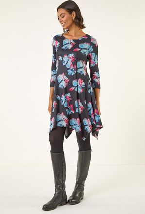 Roman Floral Print Hanky Hem Dress
