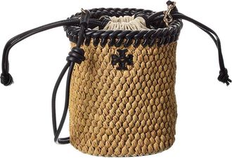 Tory Burch Emerson Raffia Leather Bucket Bag
