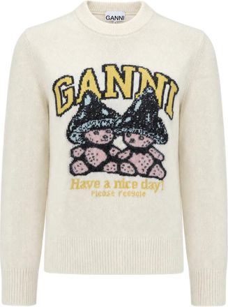 Ganni Trui met ronde hals - Dames - Ronde hals truien - Wit - M - Wol - Truien & Vesten