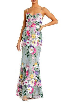 Mac Duggal Petite Floral Embroidered Sleeveless Bustier Gown in Sage Multi at Nordstrom, Size 10P