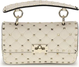Valentino Garavani Womens Top Handle Bag Rockstud Spike Light Ivory Nappa Leather Lambskin Handbags Hand