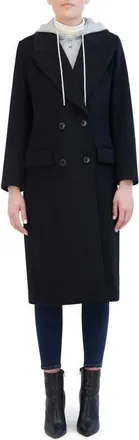 Rebecca Minkoff Double Breasted Longline Coat with Jersey Hooded Bib in Black/Grey at Nordstrom, Size X-Small