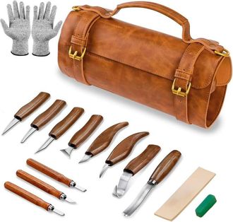 Elle Kit De Tallado De Madera, Paquete De Herramientas De Lujo 15 En 1 Que Incluye Cuchillos De Tallado, Gubia Para Madera, Guantes, Compuesto Para Pulir, 