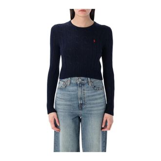 Polo Ralph Lauren Round-neck Knitwear, female, Blue, XL, Cropped Cable Knit Jumper