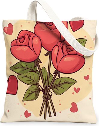 Generic Valentines Day Rose Floral Canvas Tote Bag for Shopping 13x15, Watercolor Romantic Flower Reusable Grocery Print Pattern Bag for Women, Holiday Beach 