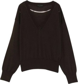 Liu Jo Maglione in lana con scollo a V e collana di strass - - Knitwear - Donna - Marrone - M