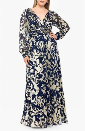Betsy & Adam Long Sleeve Foil Print A-Line Gown in Navy/Gold at Nordstrom, Size 16W